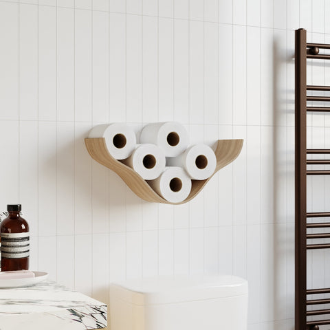 1. Wall-mounted wooden toilet paper holder in light wood finish in modern bathroom with white tiles