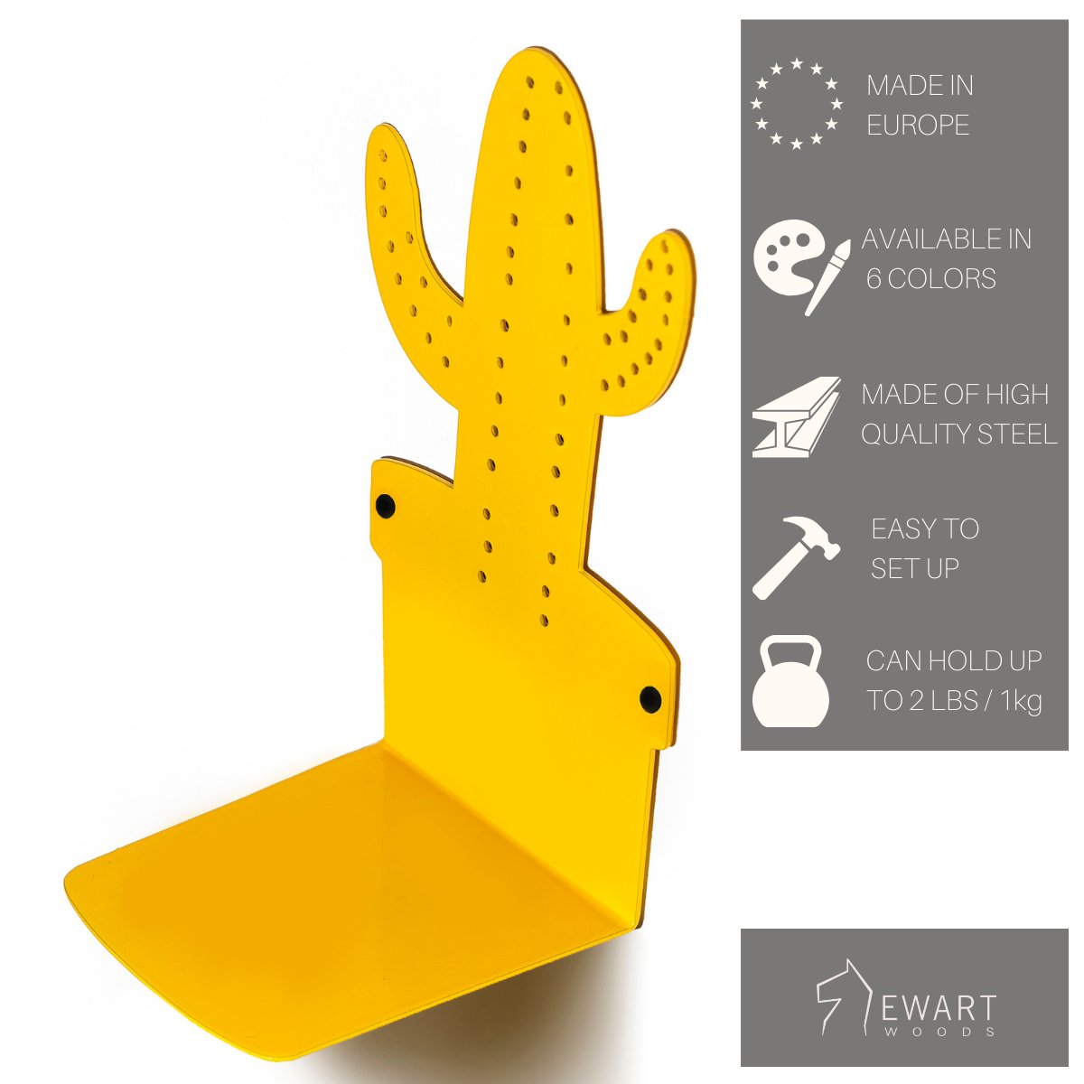 2. Yellow cactus-shaped metal hanger with product features listed, including made in Europe and high-quality steel