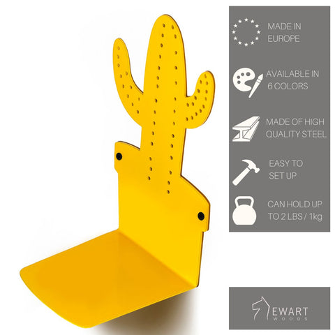 2. Yellow cactus-shaped metal hanger with product features listed, including made in Europe and high-quality steel