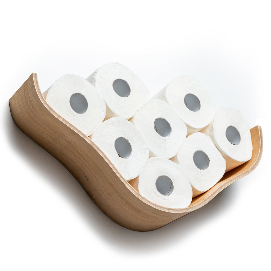 2. Top view of wooden toilet paper holder filled with white rolls on white background
