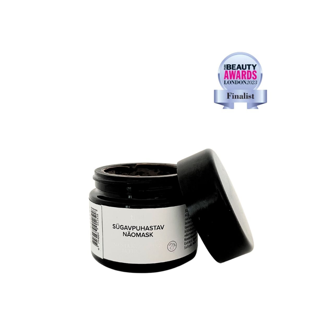 1. Tilk! deeply cleansing orange-scented face mask with black garlic and peat, 50ml jar, open with visible product, Beauty Awards 2023 finalist badge