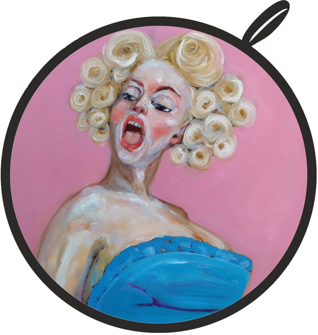 1. Round pot holder with a pop art style painting of a woman with blonde curls and a blue dress on a pink background