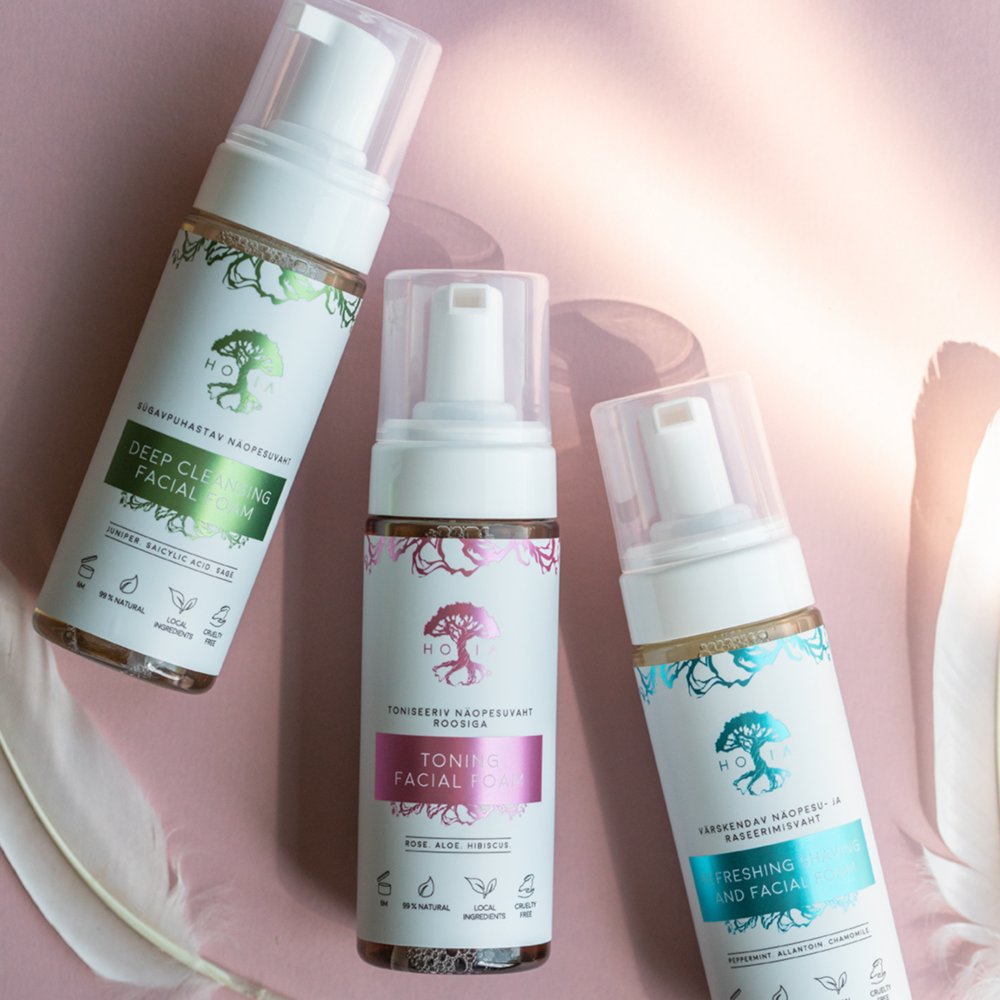 3. HOIA homespa facial foams collection including refreshing, deep cleansing, and toning variants on pink background
