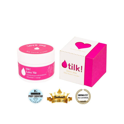 5. Tilk! Love Me Moisturising Hand Cream with packaging and award badges, highlighting product recognition