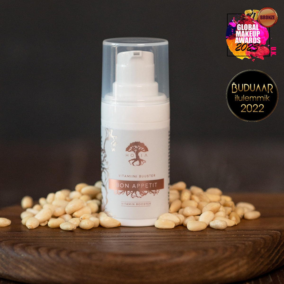 3. HOIA homespa Bakuchiol Vitamin Serum Bon Appetit surrounded by seeds, featuring award badges for 2022