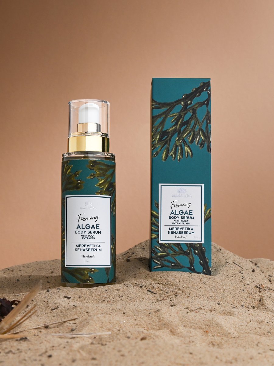 5. Instructional image showing steps for using Magrada Organic Cosmetics Firming Algae Body Serum and related products