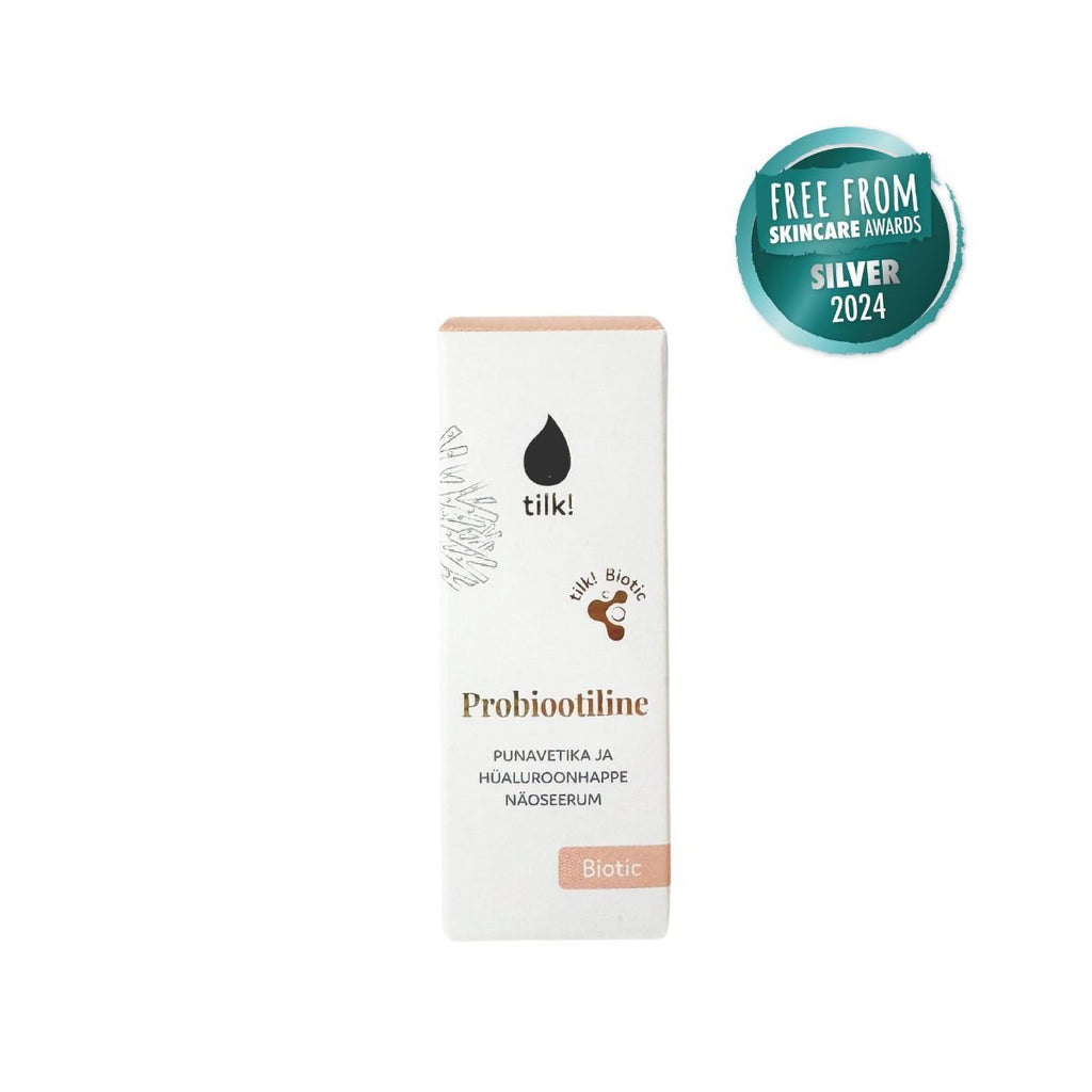 2. Tilk! Plump Me Probiotic Moisturising Face Serum packaging with skincare award badge, highlighting probiotic and hyaluronic acid benefits