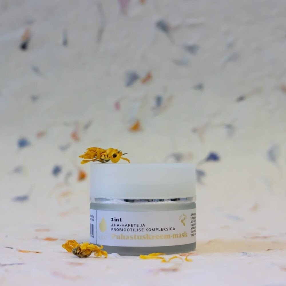 1. Tilk! 2-in-1 Cleansing Cream-Mask with 10% AHA acids and probiotic complex, shown in a jar with floral accents