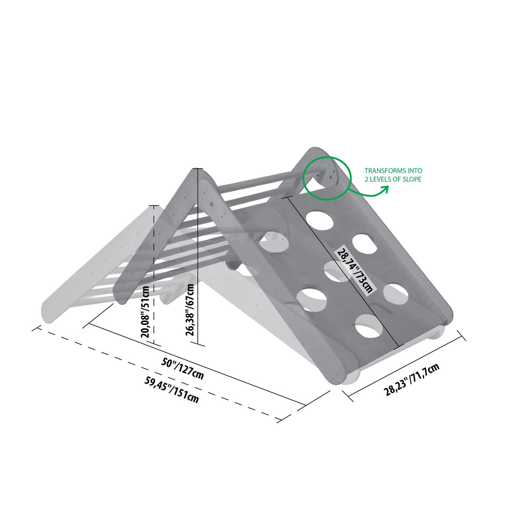 5. Size chart for Montessori climbing triangle showing dimensions and slope positions