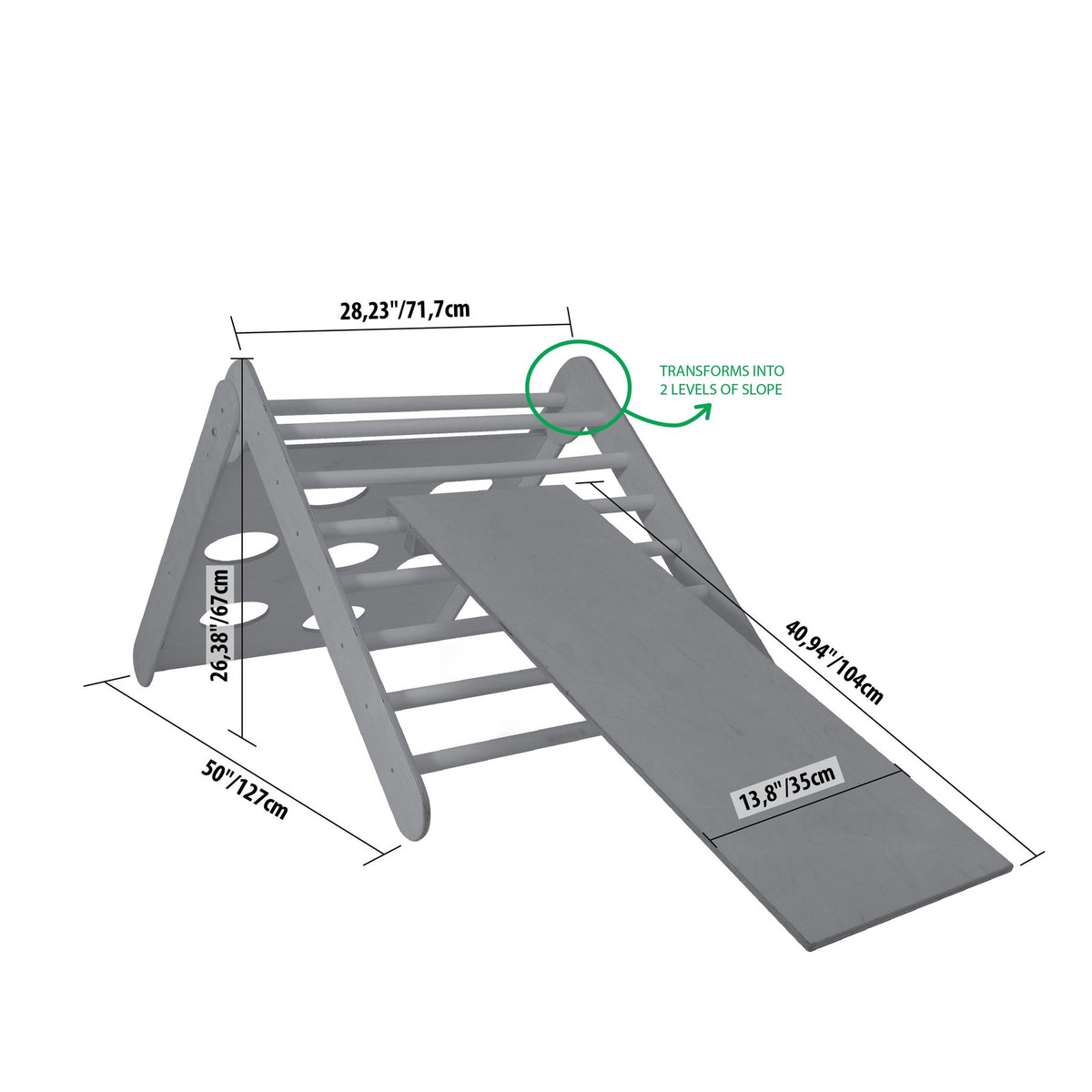 5. Size chart for Montessori climbing triangle with ramp, showing dimensions and adjustable slope levels in centimeters.