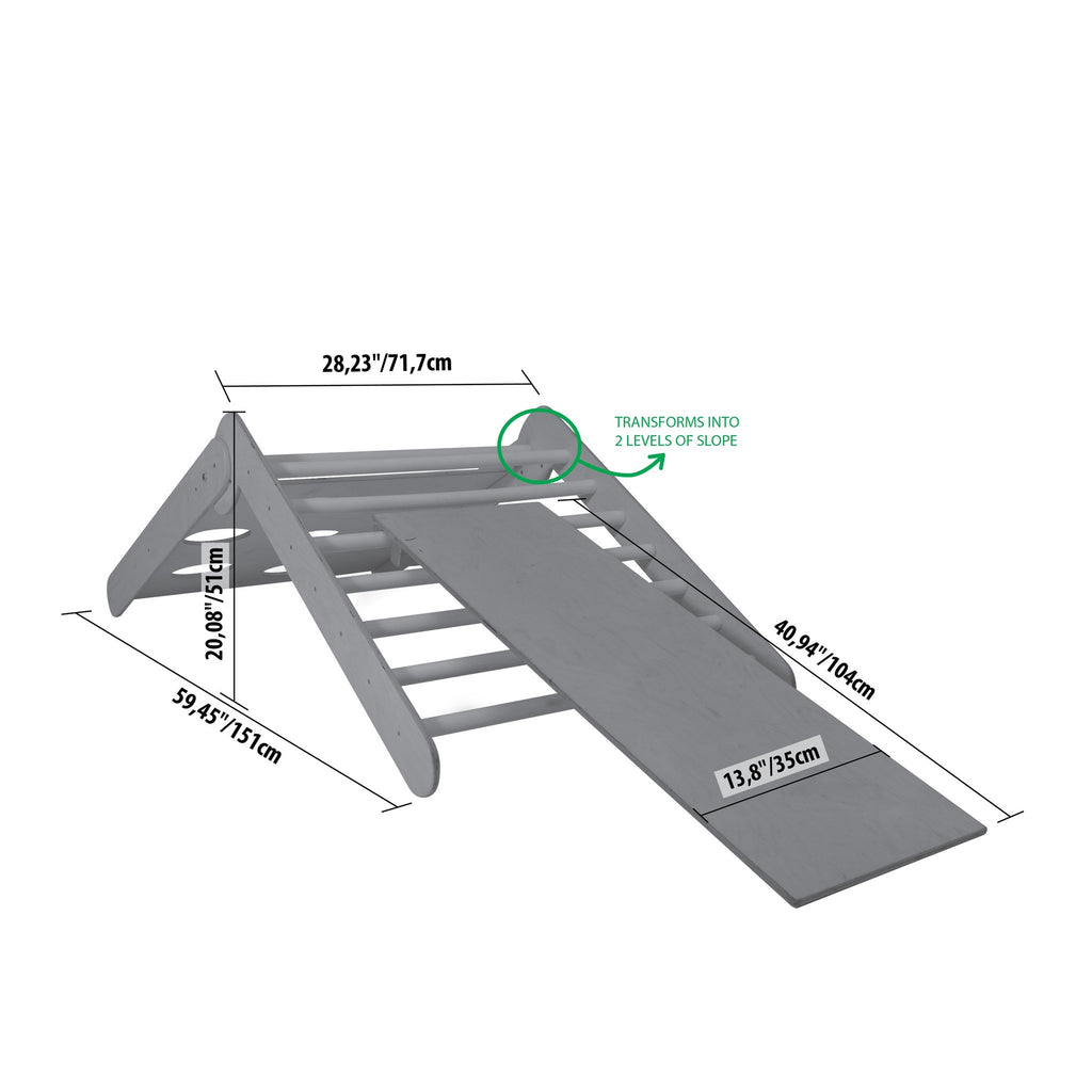 5. Size chart for Montessori climbing triangle with ramp, illustrating dimensions and slope adjustments in centimeters.