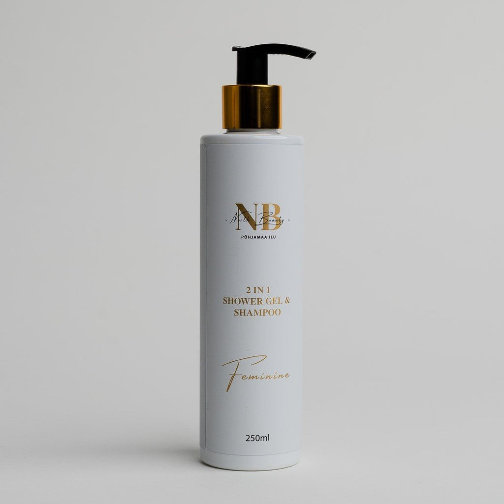 3. North Beauty 2-in-1 shower gel and shampoo for women, 250ml bottle with gold pump on grey background