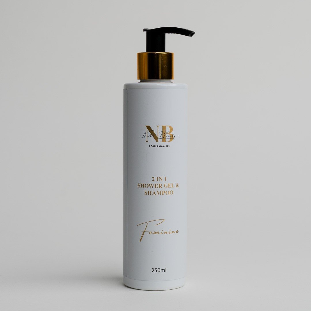 3. North Beauty 2-in-1 shower gel and shampoo for women, 250ml bottle with gold pump on grey background