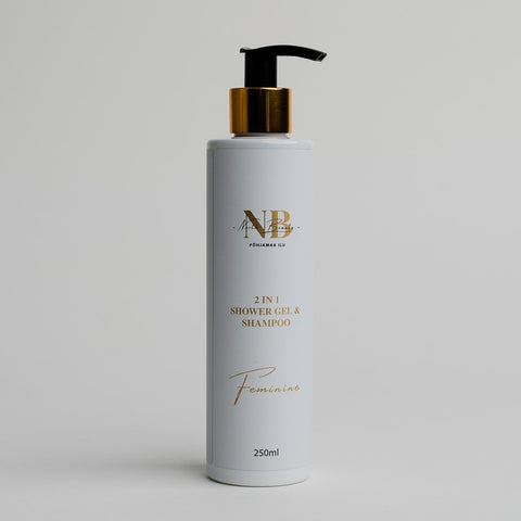 3. North Beauty 2-in-1 shower gel and shampoo for women, 250ml bottle with gold pump on grey background