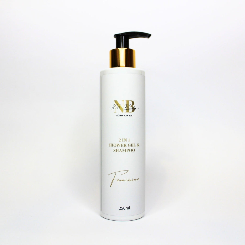 2. North Beauty 2-in-1 shower gel and shampoo for women, 250ml bottle with gold pump on white background