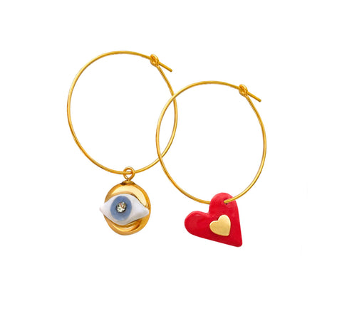 2. SCULP 2 Love And Protect U earrings featuring ceramic pendants with Eye of Protection charm and heart, 24K gold-over sterling silver loops