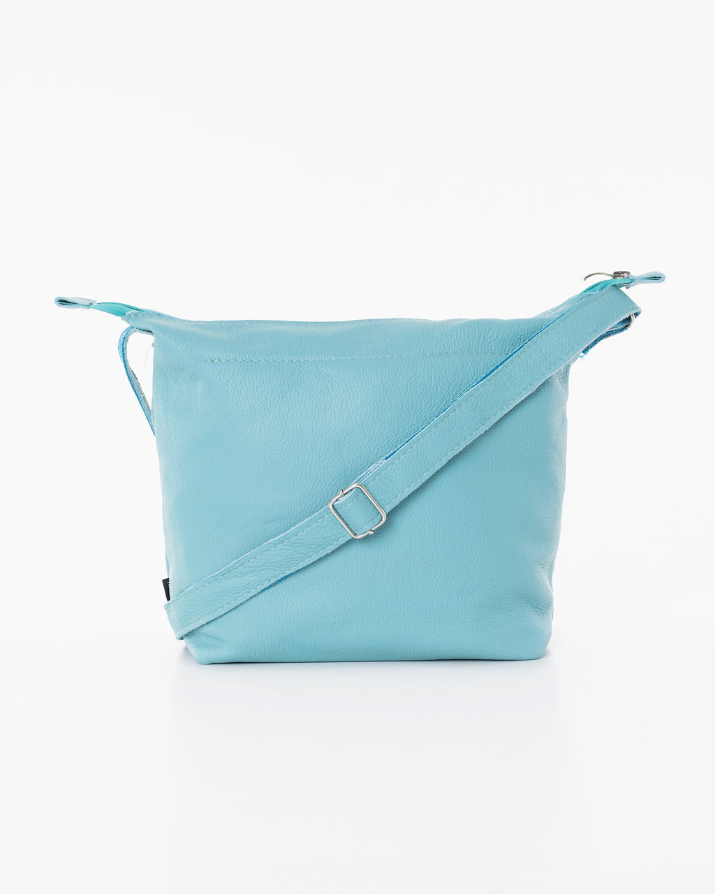 1. Trendbag Suvi XS shoulder bag in light blue leather, shown in studio with adjustable strap