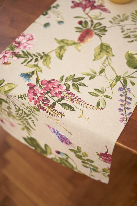 2. Close-up of Hortensias Home Botanico table runner showing detailed floral design