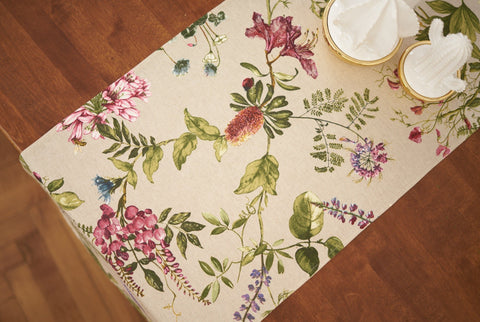 3. Overhead view of Hortensias Home Botanico table runner with vibrant floral pattern