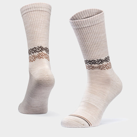2. Studio shot of Baltland unisex sand athletic cushioned Merino wool socks with ribbed cuff and geometric pattern