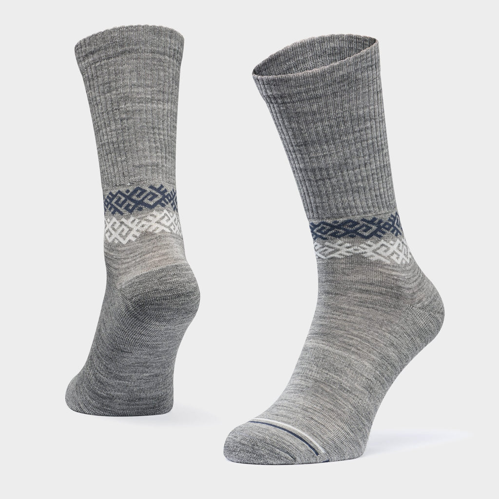 3. Studio shot of Baltland unisex grey athletic cushioned Merino wool socks with ribbed cuff and geometric pattern