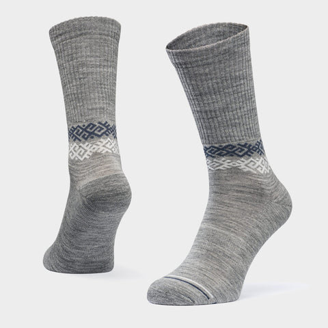 3. Studio shot of Baltland unisex grey athletic cushioned Merino wool socks with ribbed cuff and geometric pattern