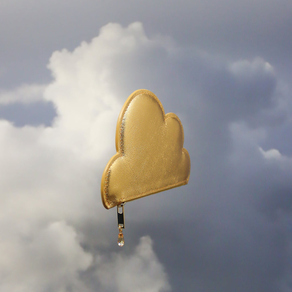 4. Side view of Tairi Roosve gold leather cloud purse with Swarovski crystal zip in cloudy sky