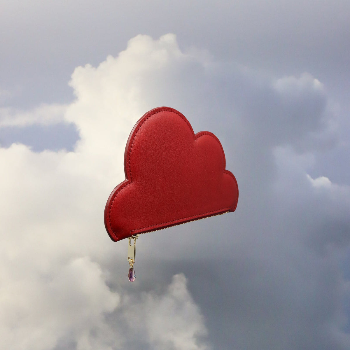 2. Tairi Roosve burgundy Leather Cloud Purse with Swarovski crystal zip, shown in a cloudy sky setting