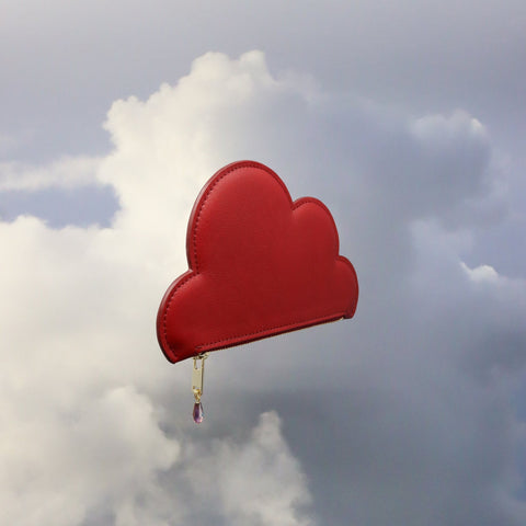 2. Tairi Roosve burgundy Leather Cloud Purse with Swarovski crystal zip, shown in a cloudy sky setting