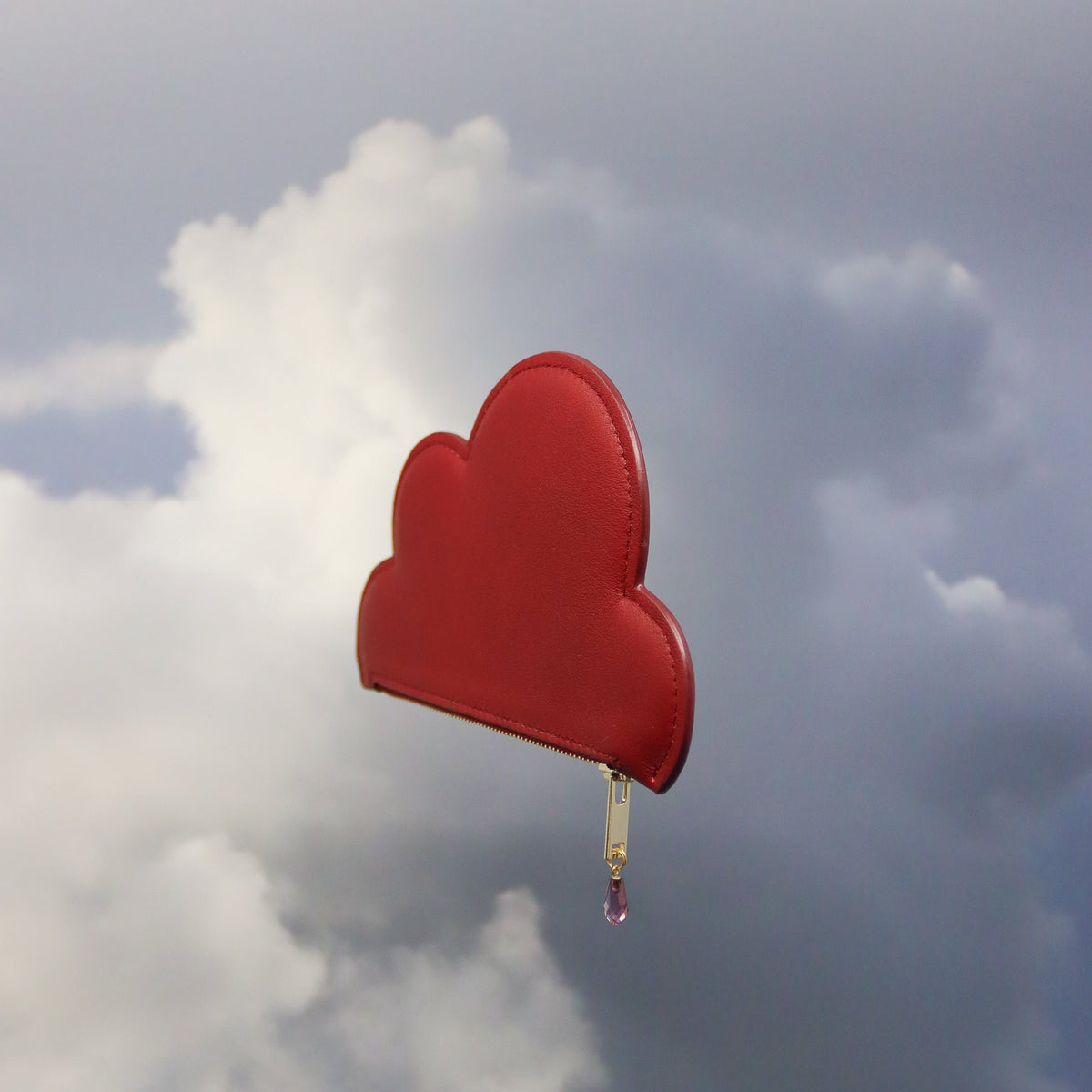 1. Tairi Roosve burgundy Leather Cloud Purse with Swarovski crystal zip, floating against a cloudy sky