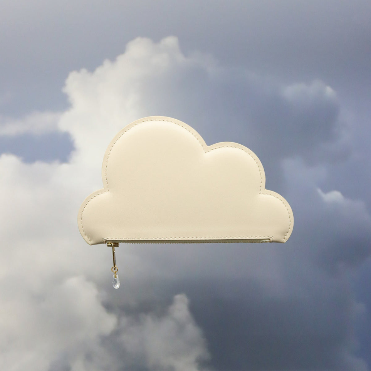 1. Tairi Roosve beige leather cloud purse with Swarovski crystal zip against cloudy sky