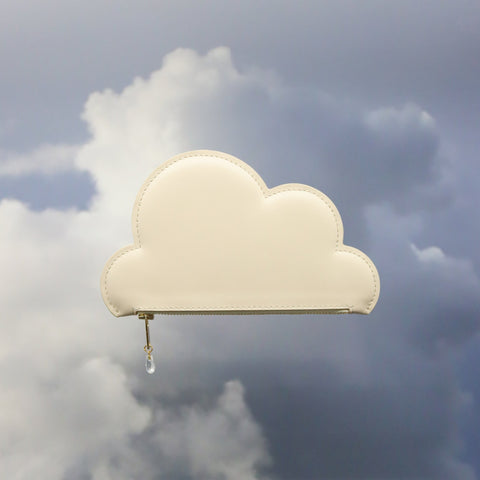 1. Tairi Roosve beige leather cloud purse with Swarovski crystal zip against cloudy sky