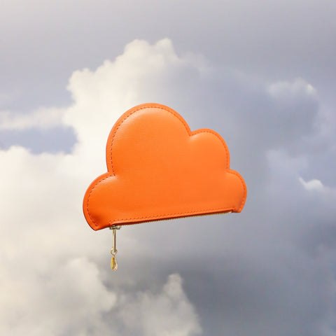 3. Tairi Roosve orange Leather Cloud Purse with Excella Zip and Swarovski crystal, displayed in cloudy sky setting