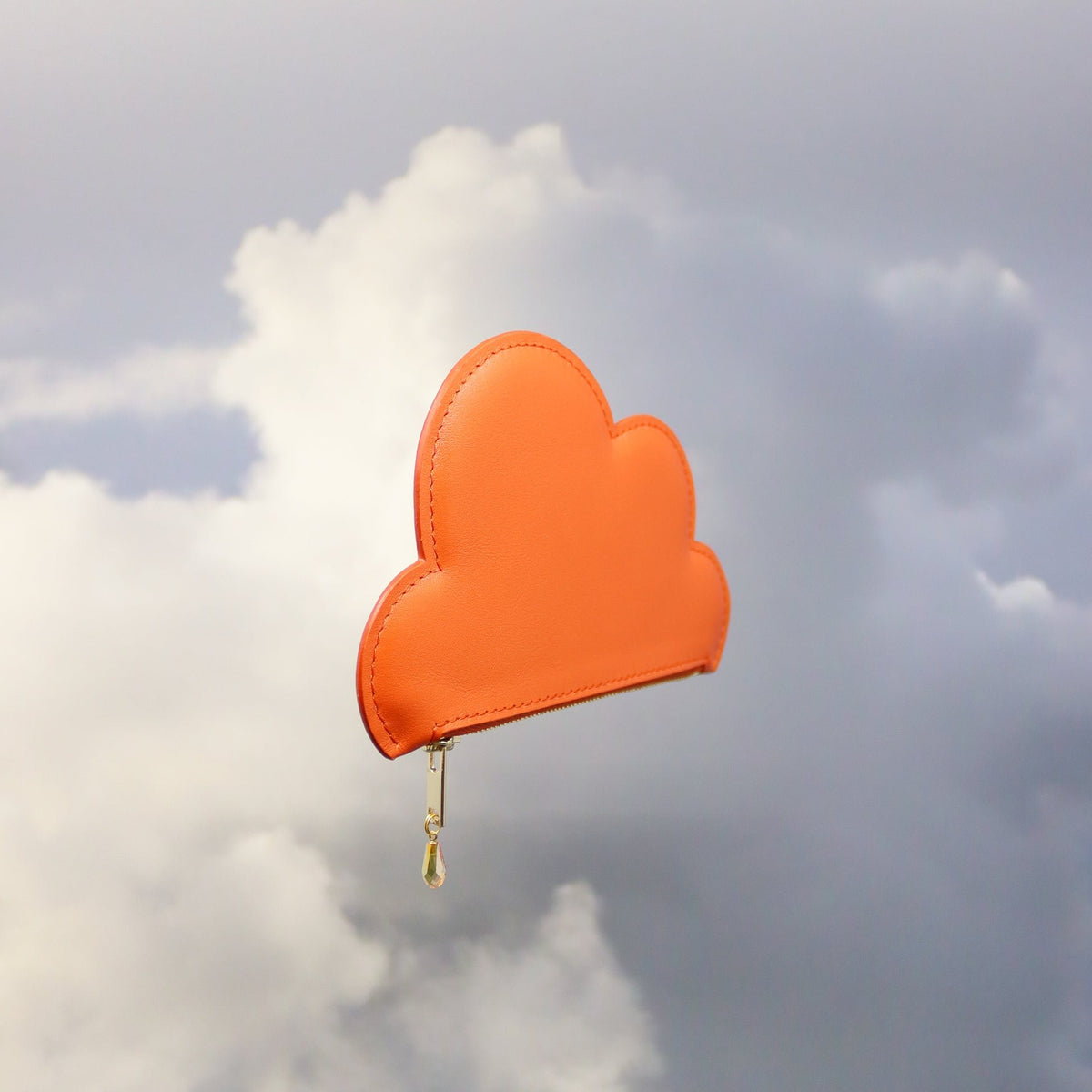 4. Side view of Tairi Roosve orange Leather Cloud Purse with Swarovski crystal zip, set against cloudy sky