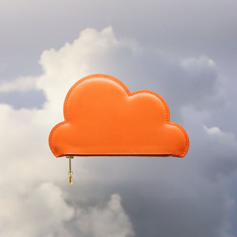 2. Tairi Roosve orange Leather Cloud Purse with Swarovski crystal zip, shown against cloudy sky background