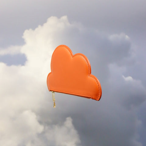 5. Tairi Roosve orange Leather Cloud Purse with Swarovski crystal zip, shown in cloudy sky backdrop