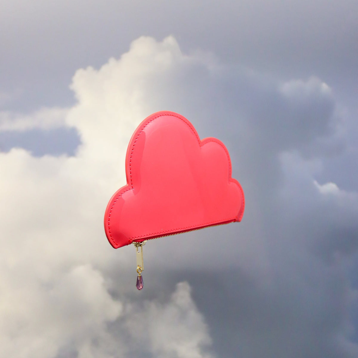 3. Tairi Roosve pink leather cloud purse with Swarovski crystal zip shown in cloudy sky