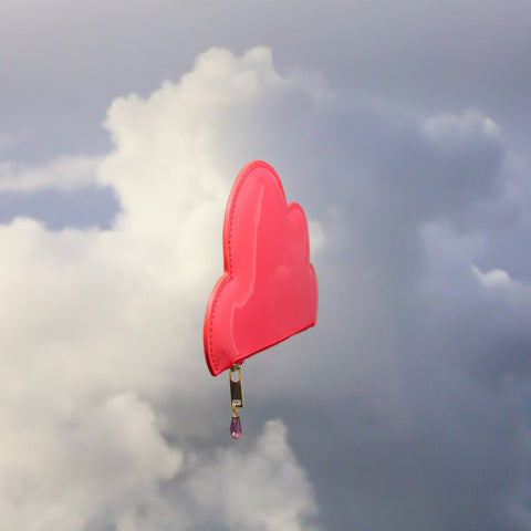 2. Tairi Roosve pink leather cloud purse with Swarovski crystal zip floating against cloudy sky