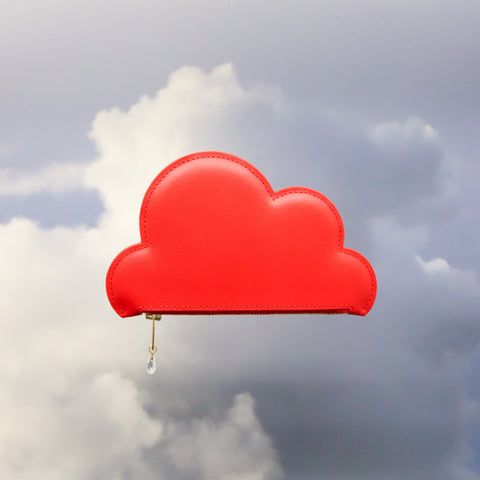 1. Tairi Roosve red leather cloud purse with Swarovski crystal zip, shown against a cloudy sky