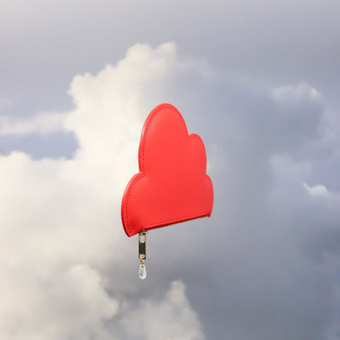 3. Angled view of Tairi Roosve red leather cloud purse with Swarovski crystal zip, against a cloudy sky