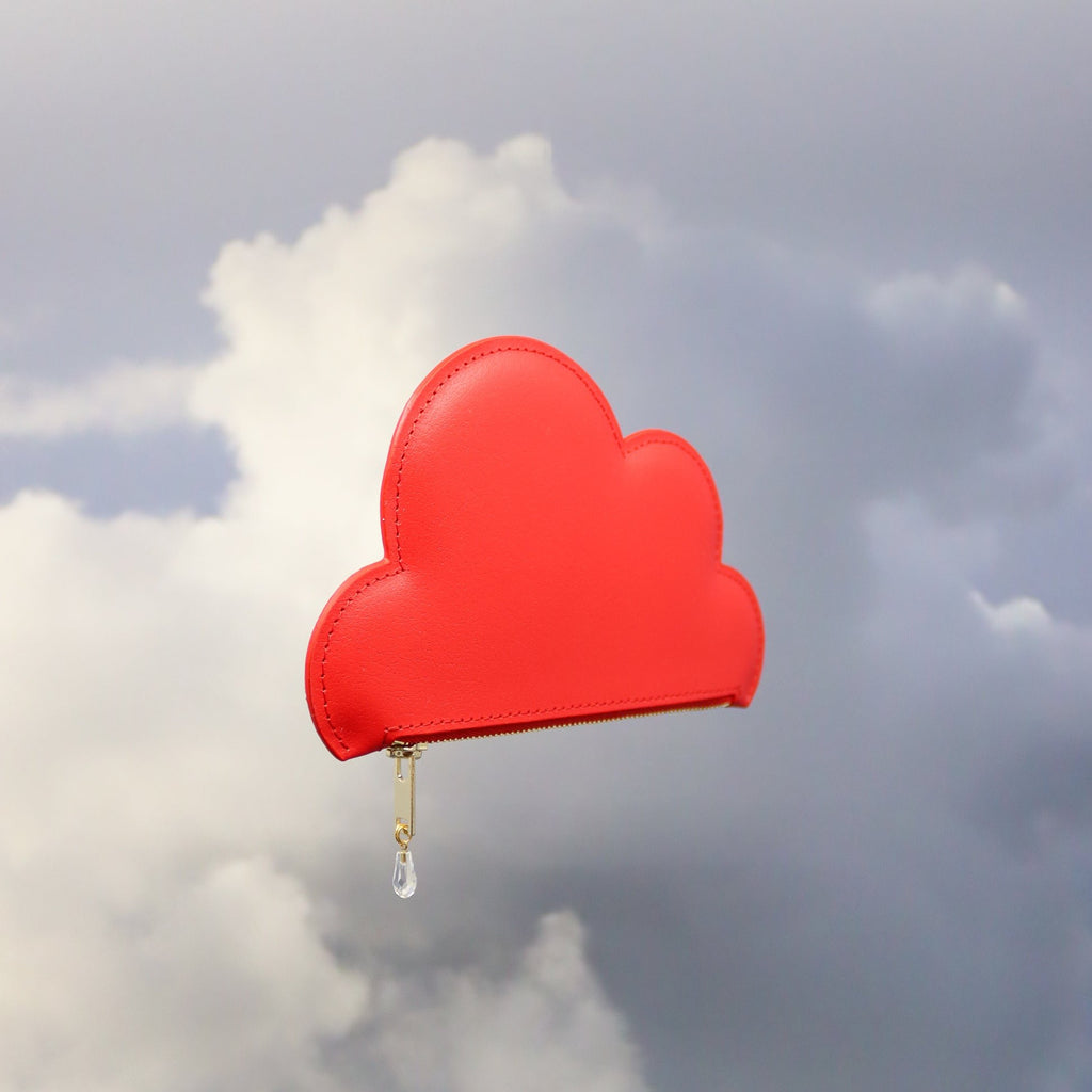 2. Side view of Tairi Roosve red leather cloud purse with Swarovski crystal zip, against a cloudy sky