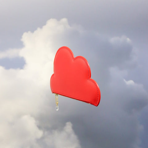 4. Back view of Tairi Roosve red leather cloud purse with Swarovski crystal zip, against a cloudy sky