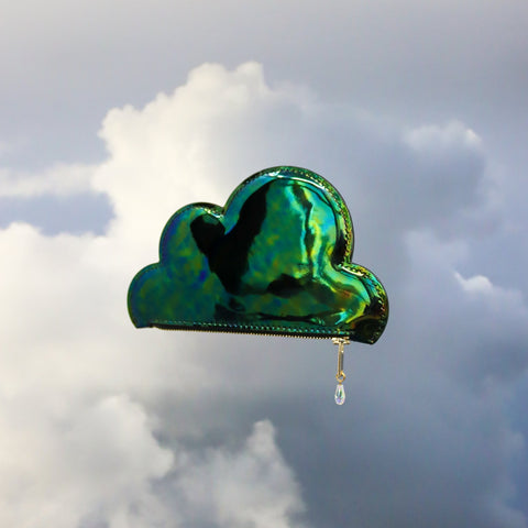 4. Tairi Roosve Leather Cloud Purse in iridescent green, shown against a cloudy backdrop