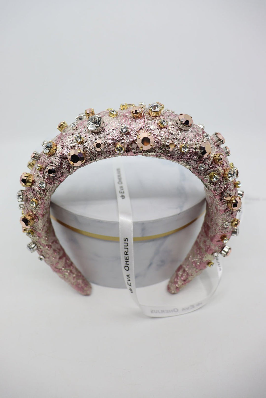 4. Side view of high headband Abby with Swarovski and Preciosa crystals on mannequin