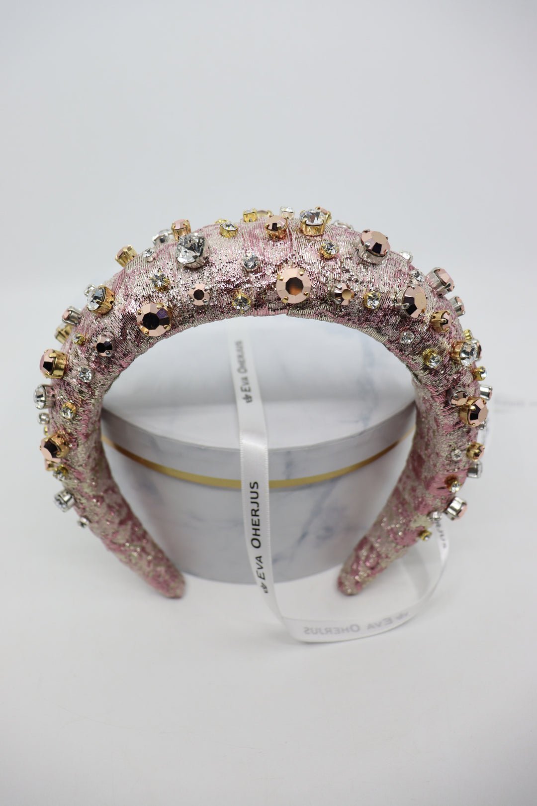 4. Side view of high headband Abby with Swarovski and Preciosa crystals on mannequin