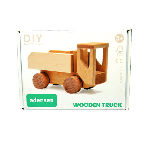 5. Packaging of Adensen Villi DIY wooden truck showing product image and branding on a white box