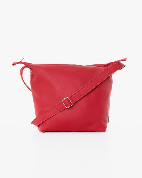 1. Trendbag Suvi XS red shoulder bag made from high-quality leather leftovers, shown in studio setting
