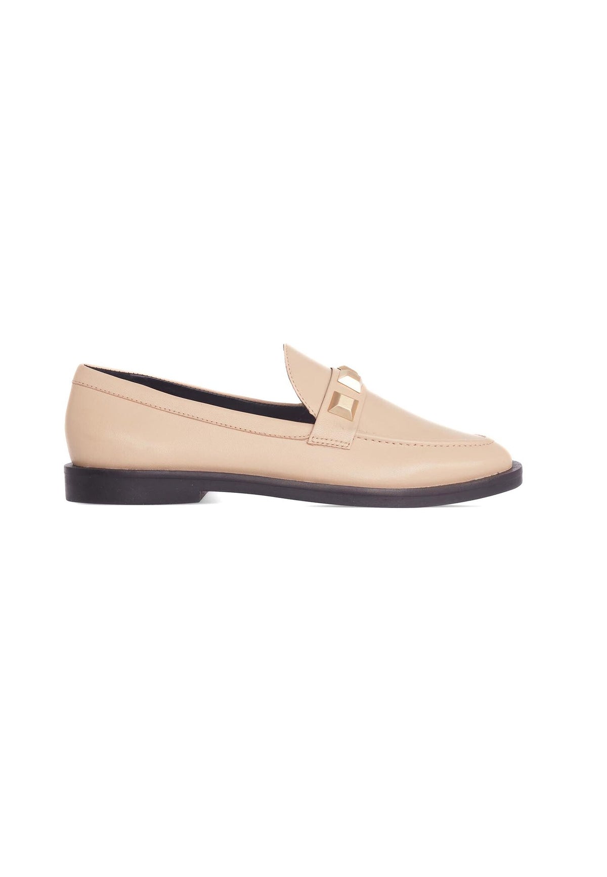 7. Side view of beige Mangará Caete leather loafers with metal studs, studio setting