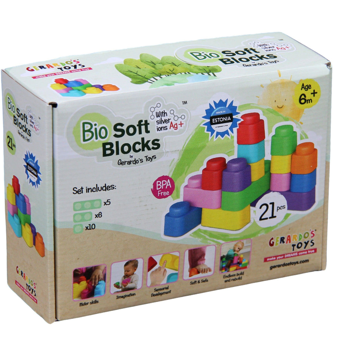 2. Packaging of Gerardo's Toys Bio Soft Blocks set showing colorful blocks and product details including antibacterial properties and BPA-free material