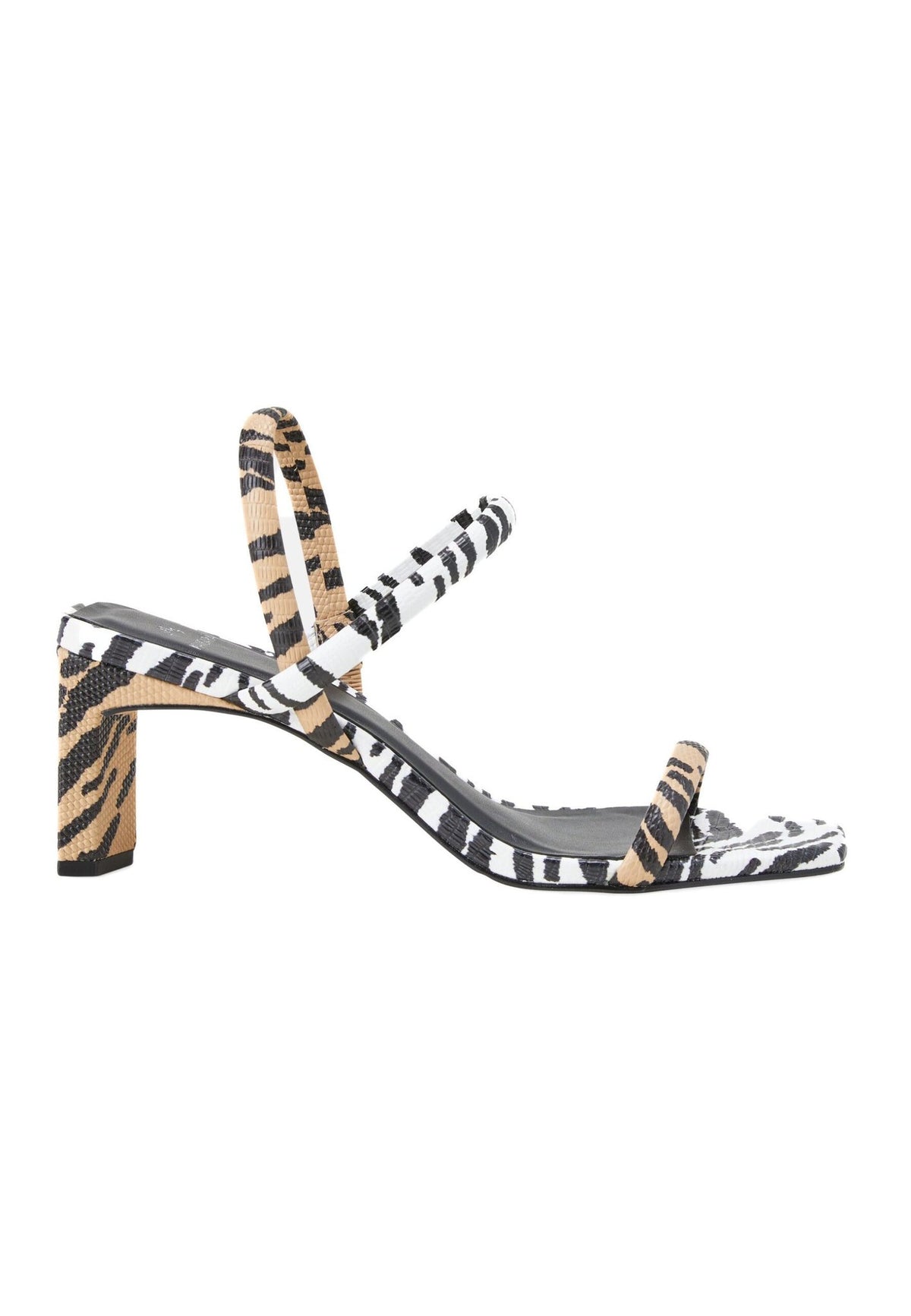 5. Angled view of Mangará women's sandals in animal print with block heel, showing open-toe design